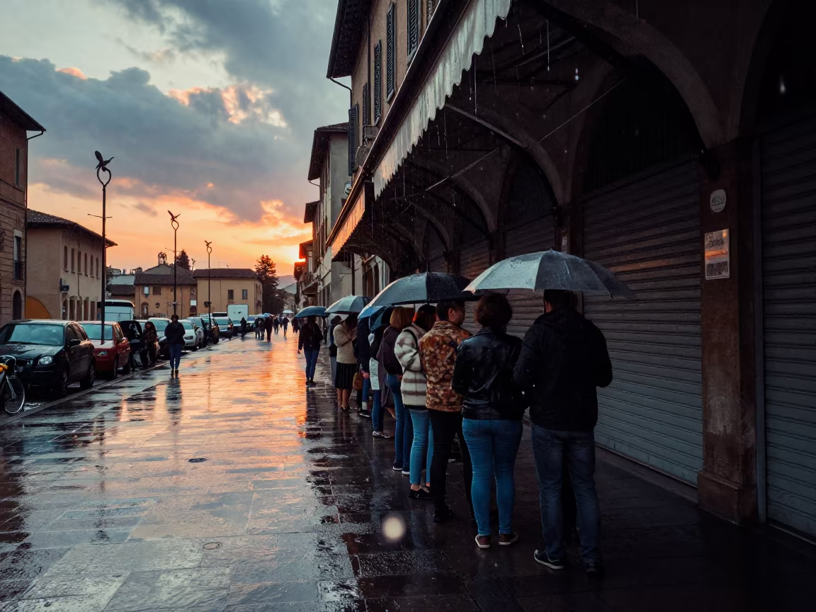 Rainy Perugia Commuters Under Orange Light in along a shuttered arcade in Perugia