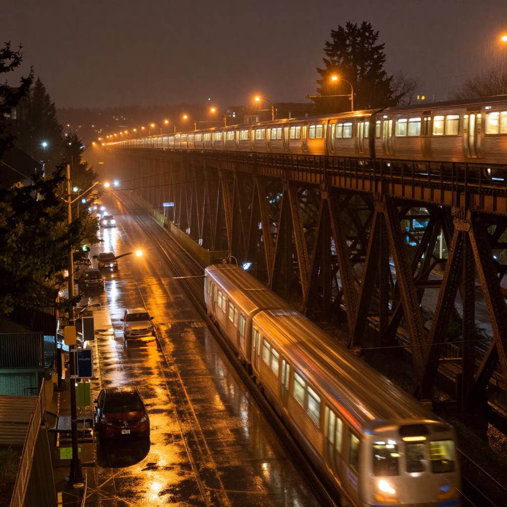 Rainy Portland Night Railway Viaduct Train Passes Over Steel Arches in in Portland, Oregon, United States