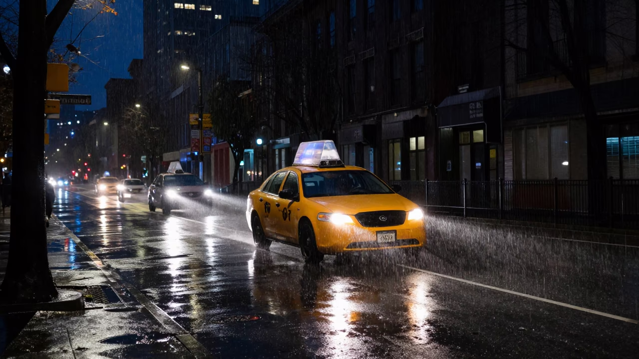 Rainy Portland Night Street Scene with Yellow Taxi and Urban Reflections in in Portland, Oregon, United States