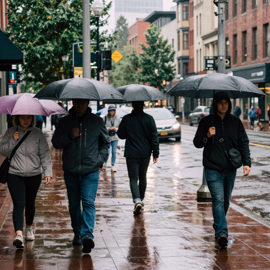 Rainy Portland Street Corner with Umbrellas and Wet Pavement Reflections in in Portland, Oregon, United States