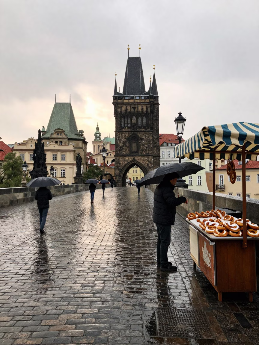 Rainy Prague Morning Street Scene with Umbrellas and Cobblestones in in Prague, Czech Republic