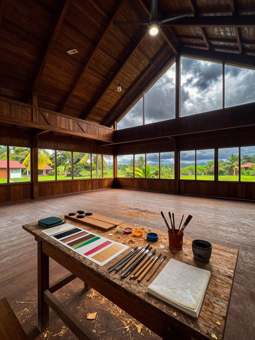 Rainy Prayer Hall Bench with Brushes and Wood Shavings in in a prayer hall near Victoria
