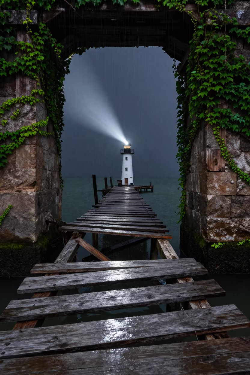 Rainy Predawn Pier Ruin Shaanxi in beside ivy-draped masonry in Shaanxi