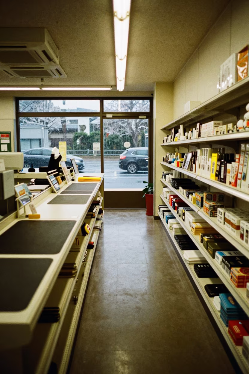 Rainy Predawn Retail Counter Mat in Kyoto Fitting Room in inside a fitting room corridor in Kiyomizu, Kyoto