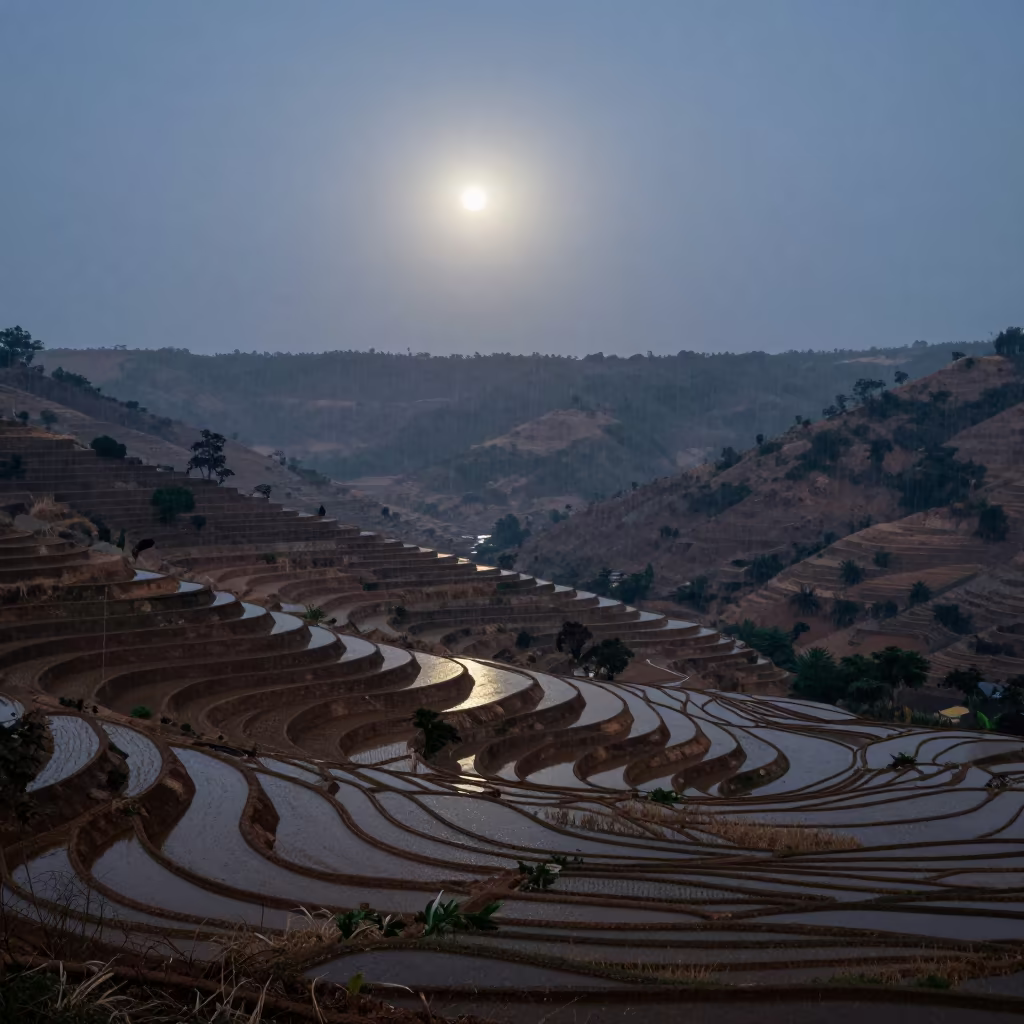 Rainy Predawn Rice Terraces Silhouetted Against Moonlight in across a wide valley floor near Ouagadougou