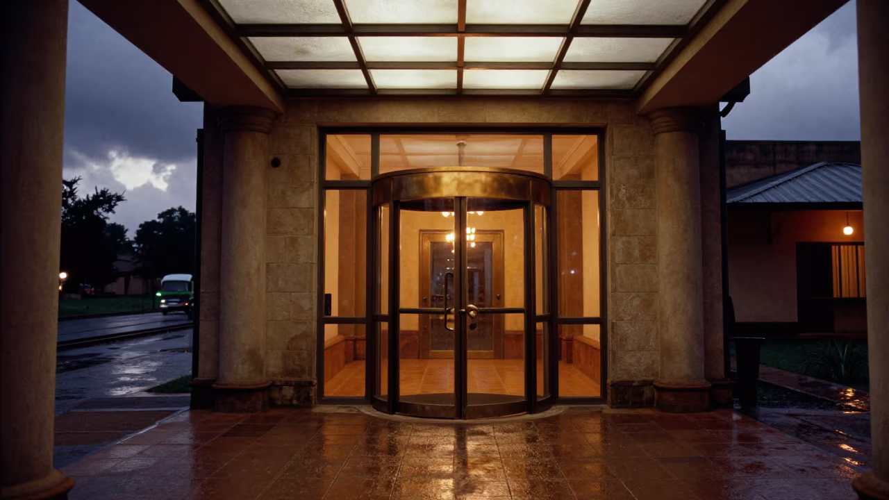 Rainy Predawn Stone Hotel Bronze Door Al Qadarif in inside a skylit passageway in Al Qadarif