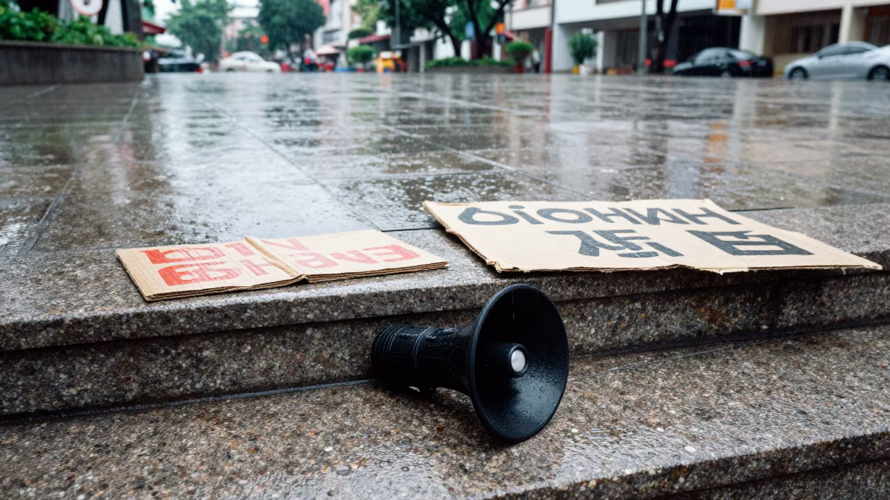 Rainy Protest Megaphone on Tainan Courthouse Steps in in a public square in Tainan