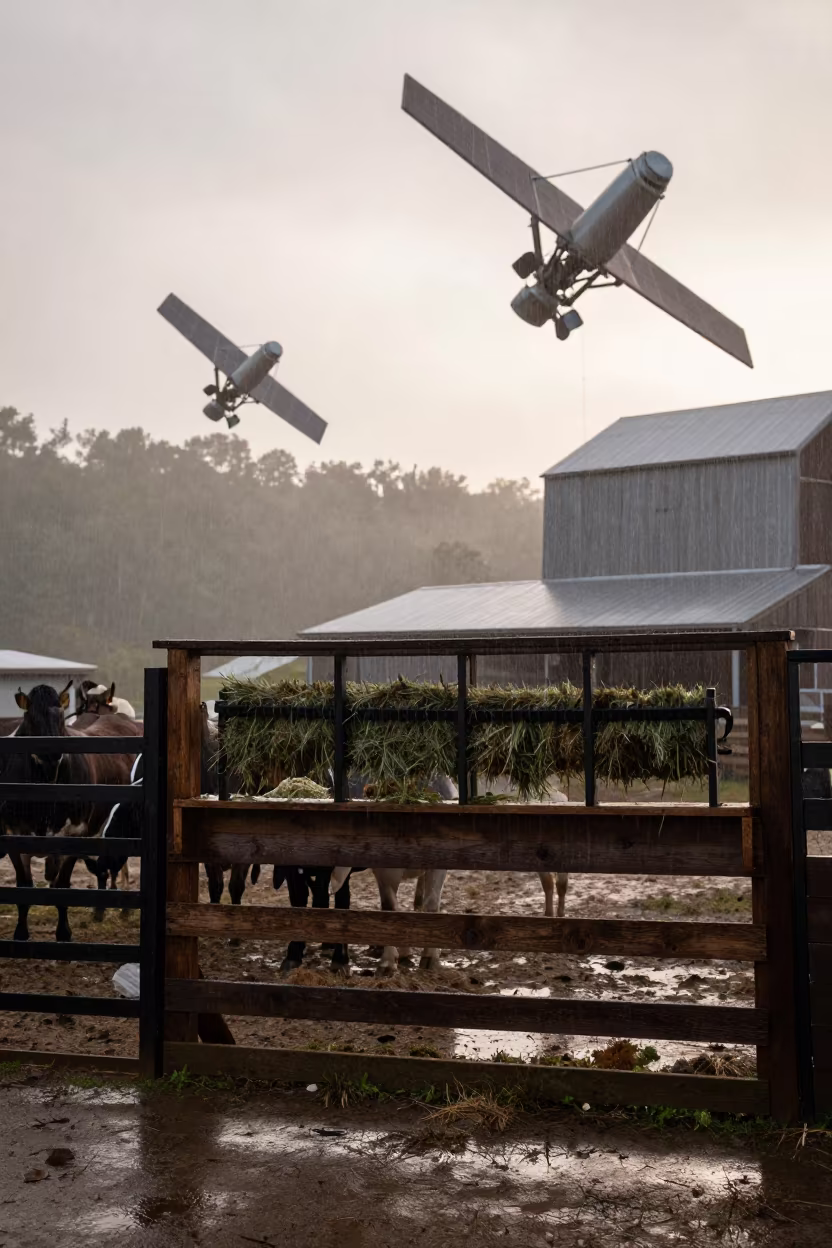 Rainy Ranch Corral Hay Probe Silhouette in inside a ranch corral in Tennessee