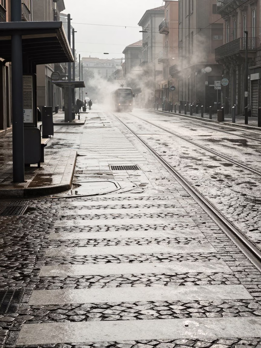 Rainy Salerno Tram Stop Cobblestone Crosswalk in at a tram stop in Salerno