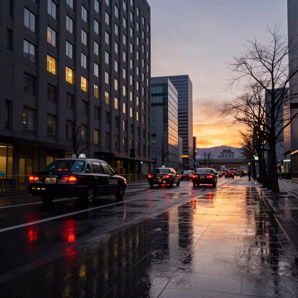 Rainy Sapporo Dusk Puddle Reflection of Hotel Windows and Tail Lights in Hokkaido Japan in in Sapporo, Japan