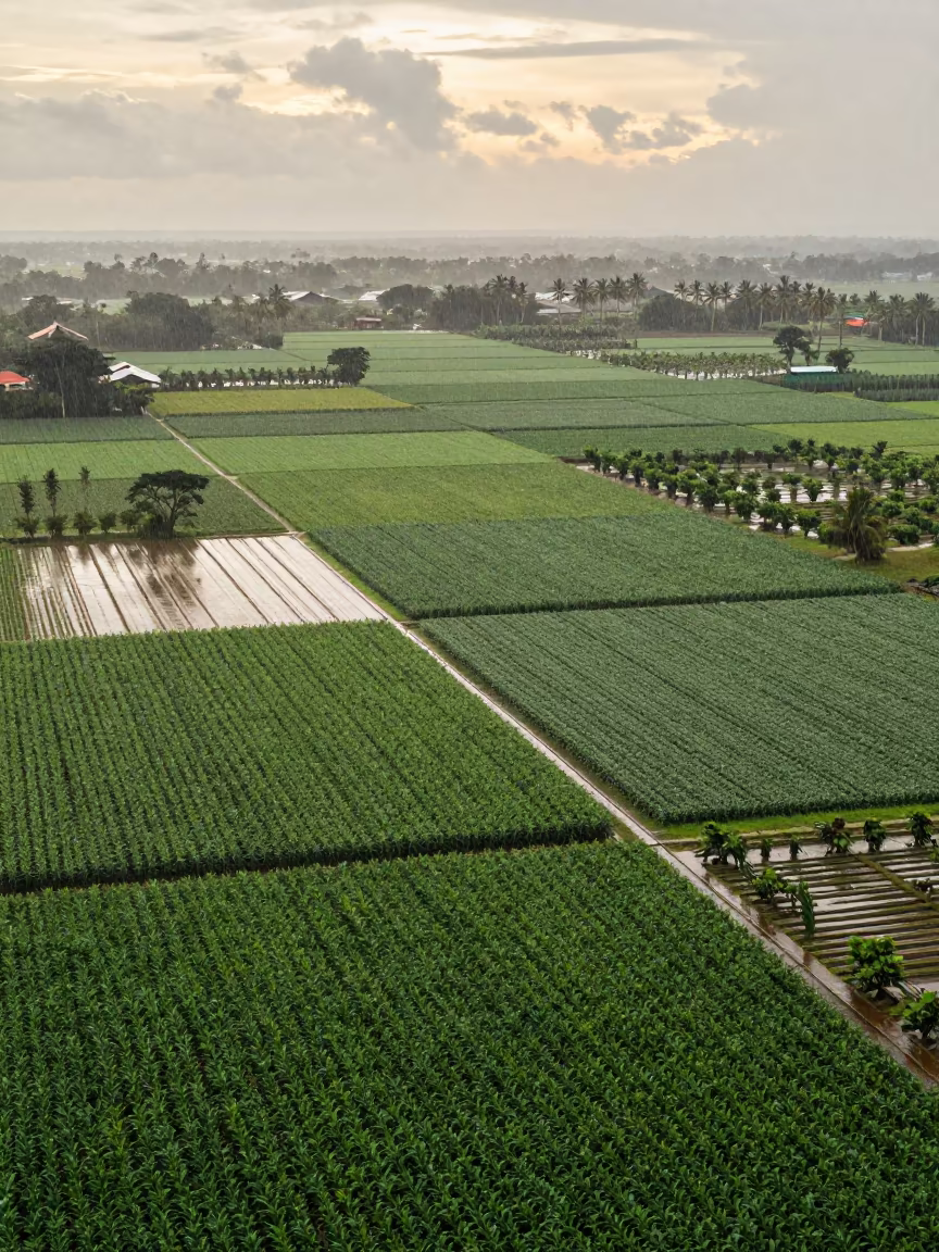 Rainy Season Checkerboard Fields Near Sumbawanga in far above orchard blocks and irrigation lines near Sumbawanga