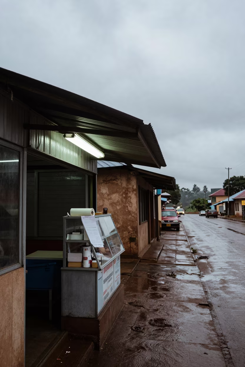 Rainy Season Deli Ticket Shelf Arusha in outside a lit retail frontage after dark in Arusha