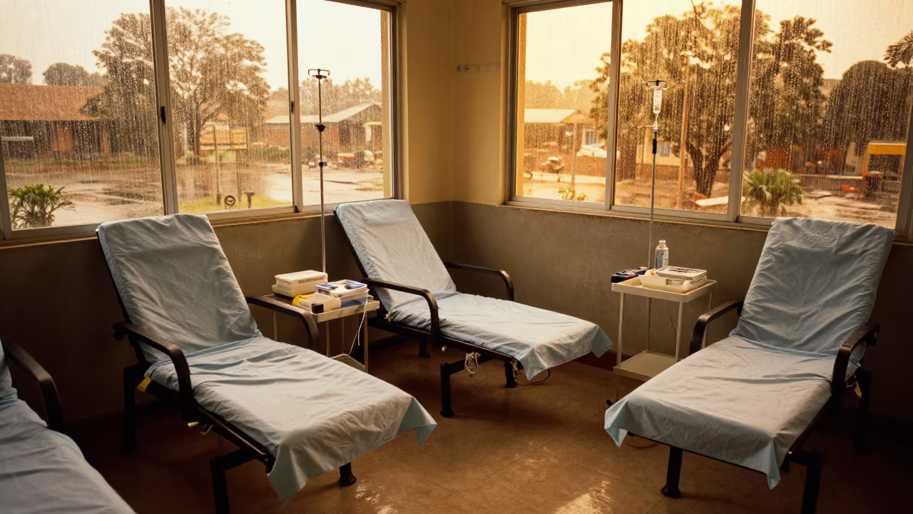 Rainy Season Dialysis Ward at Golden Hour in Mbuji-Mayi in inside a clinic exam room in Mbuji-Mayi