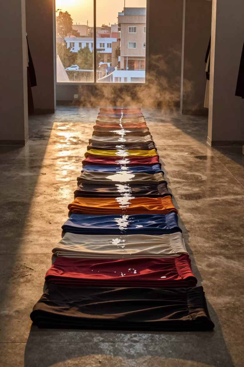 Rainy Season Dress Panels Flowing Uphill in inside a minimalist showroom near Mekelle