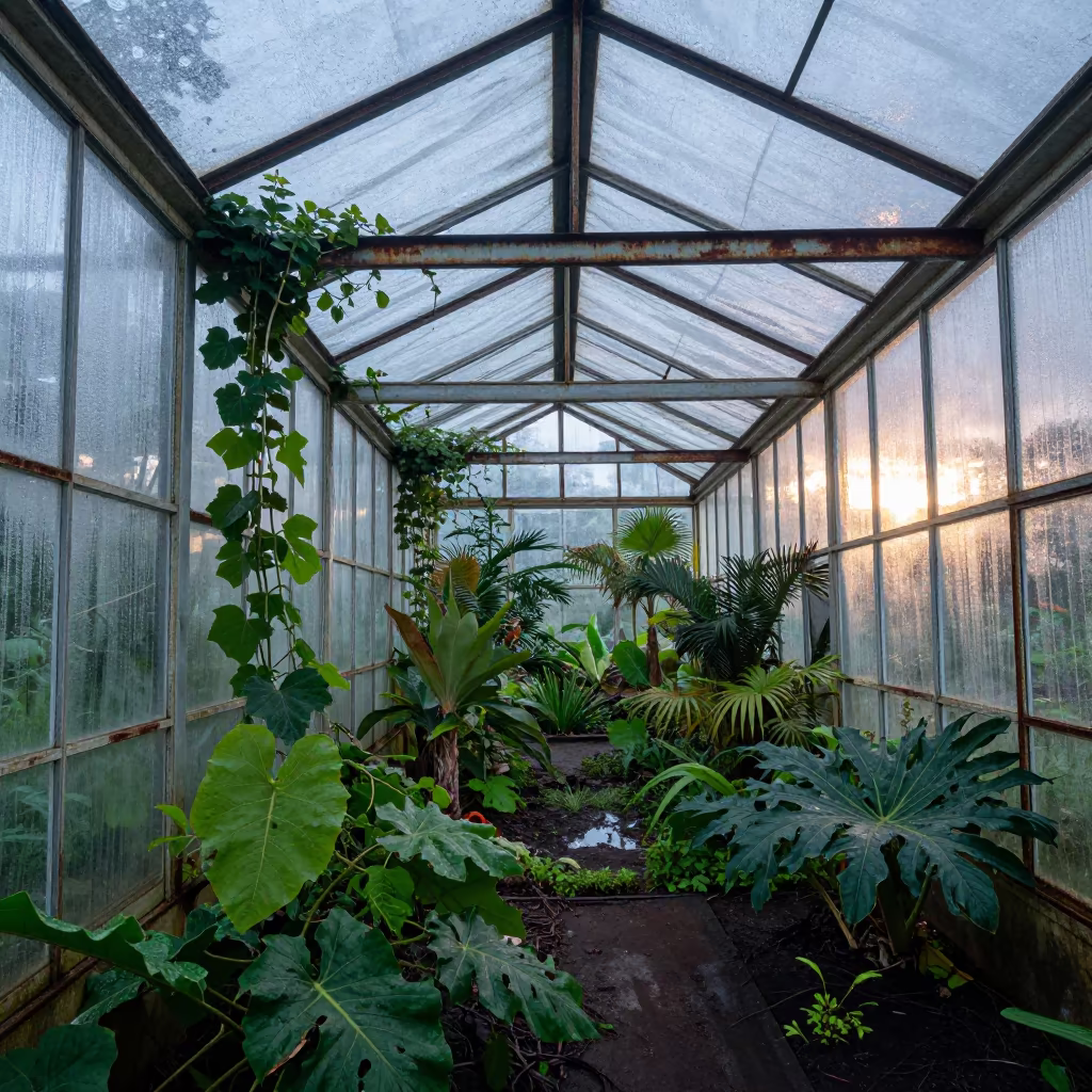 Rainy Season Greenhouse Wild Tropical Plants in under translucent greenhouse roofing near Salvador