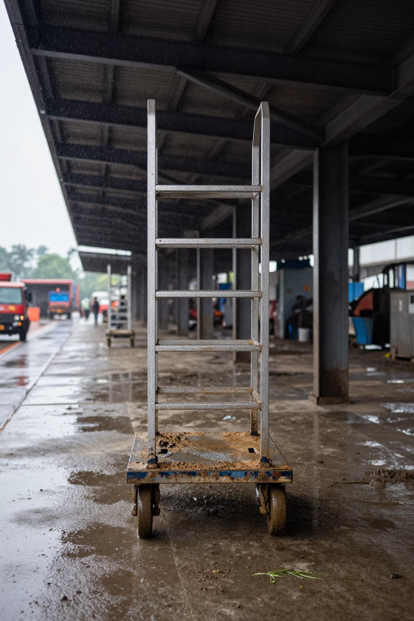 Rainy Season Ladder Cart at Ahmedabad Loading Dock in at a loading dock near Ahmedabad