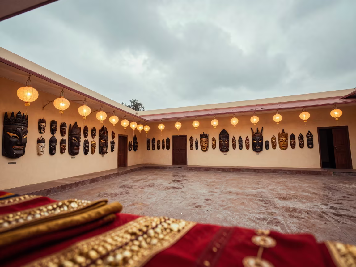 Rainy Season Masks in Jabalpur Shrine in in a shrine lined with lanterns in Jabalpur