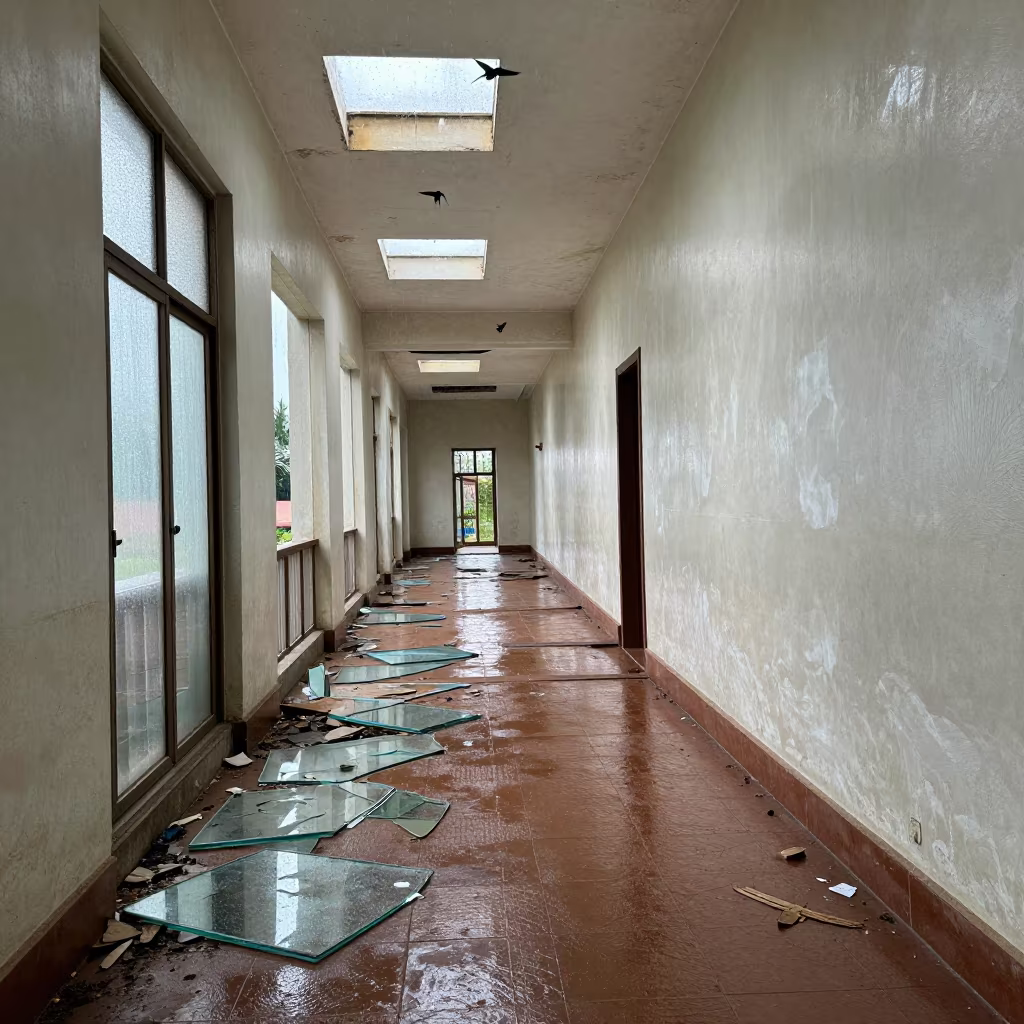 Rainy Season Palace Corridor with Swallows and Broken Glass in along a ward corridor with broken glass and falling plaster in Abeokuta