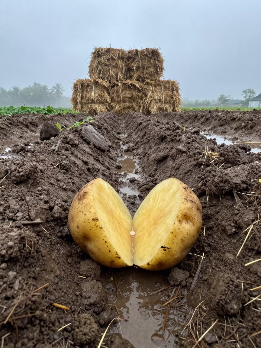 Rainy Season Potato Harvest Low Angle Mist in beside stacked hay bales near Medan
