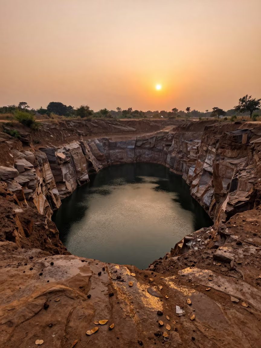 Rainy Season Sinkhole Lake Golden Hour Rajkot in across a floodplain after rain near Rajkot