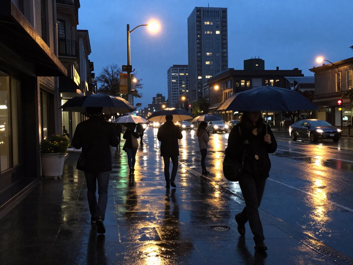 Rainy Seattle Blue Hour Street Scene with Umbrellas and City Lights Reflections in in Seattle, Washington, United States