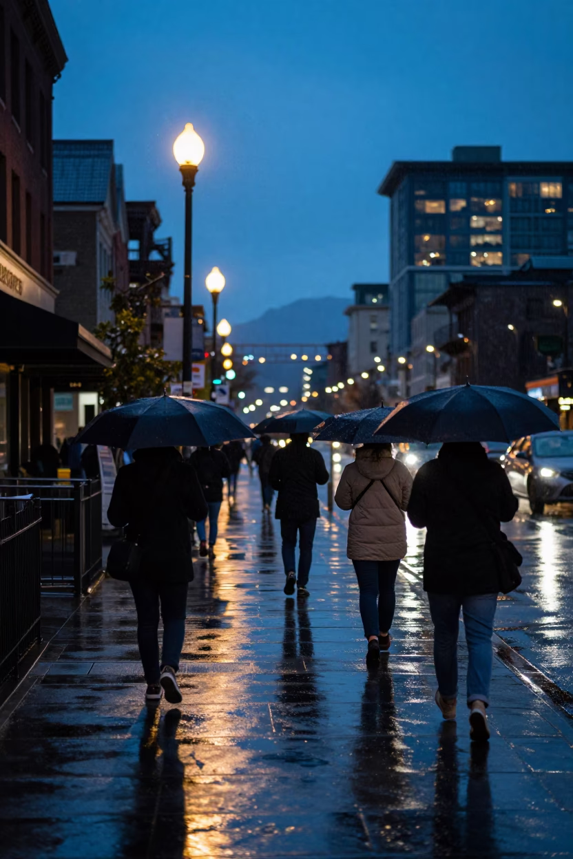 Rainy Seattle Blue Hour Street Scene with Umbrellas and City Lights in in Seattle, Washington, United States