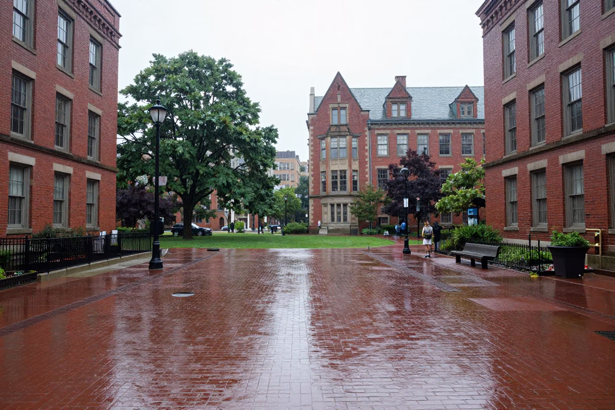 Rainy Seattle Campus Quad Wet Brick Buildings and Twine Latch Detail Midday in in Seattle, Washington, United States