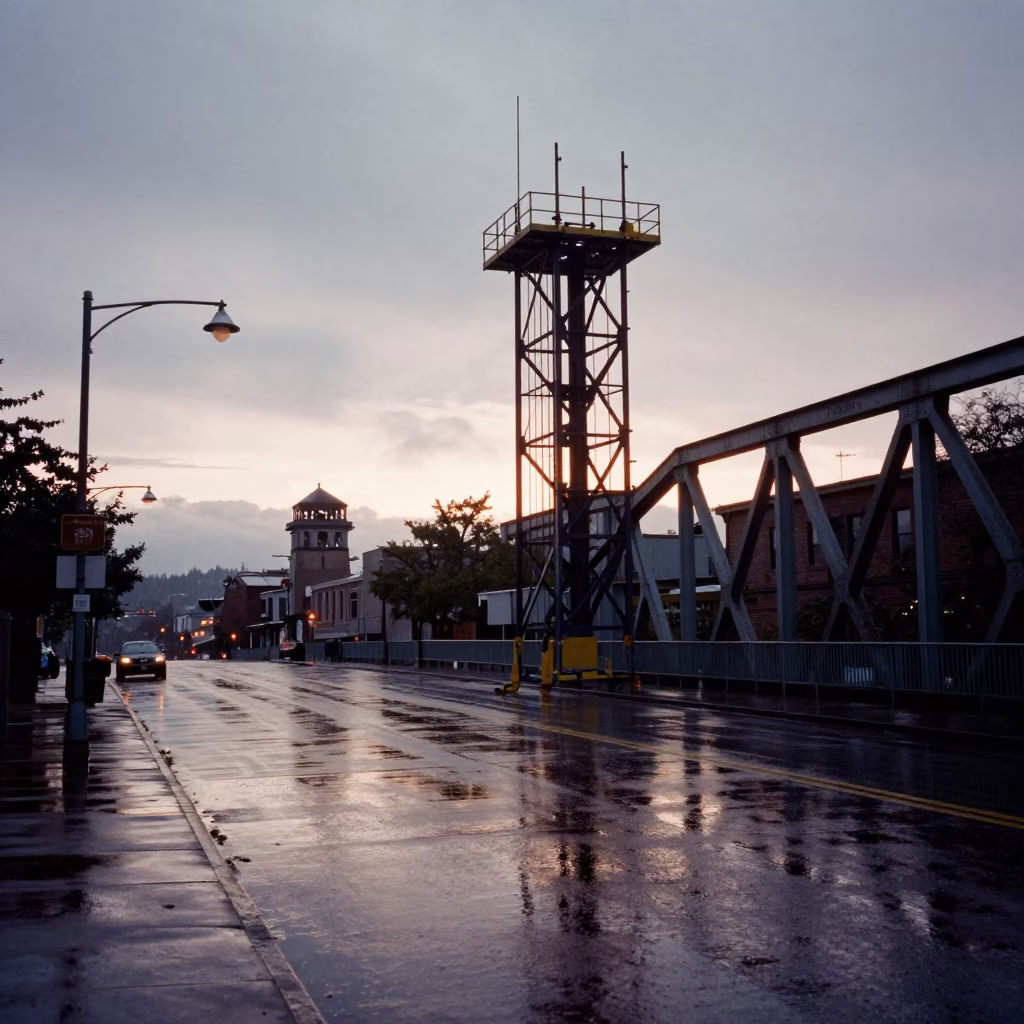 Rainy Seattle Dawn Street Scene with Bridge Maintenance Cage and Urban Infrastructure in in Seattle, Washington, United States
