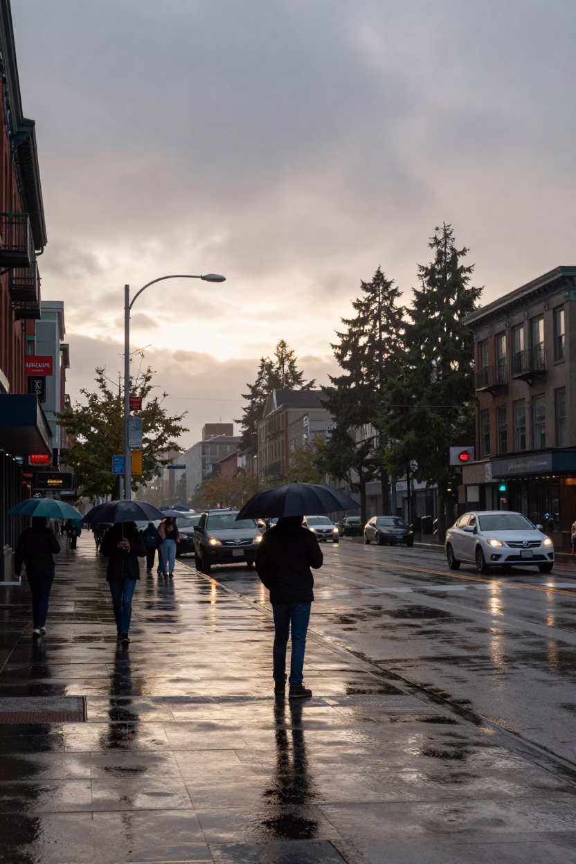 Rainy Seattle Dawn Street Scene with Commuter Umbrellas and Wet Pavement Reflections in in Seattle, Washington, United States