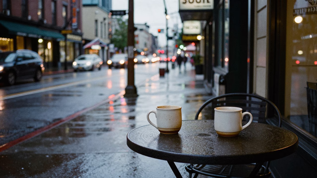 Rainy Seattle Early Evening Street Scene with Coffee Mugs and Urban Life in in Seattle, Washington, United States