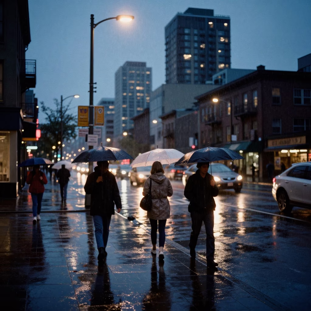 Rainy Seattle Evening Street Scene with Umbrellas and City Lights in in Seattle, Washington, United States