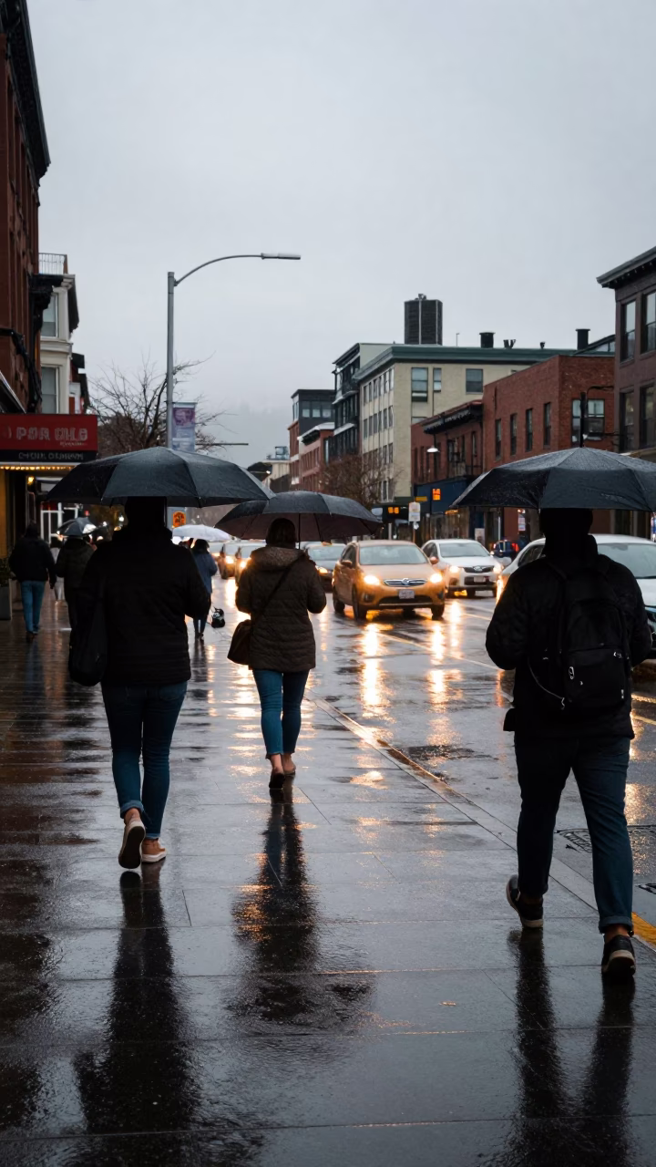 Rainy Seattle Late Morning Street Scene with Umbrellas and Wet Pavement in in Seattle, Washington, United States