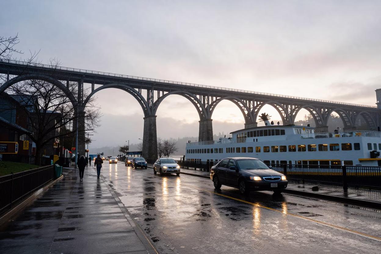 Rainy Seattle Morning Commute Near Historic Viaduct and Ferry Terminal in in Seattle, Washington, United States