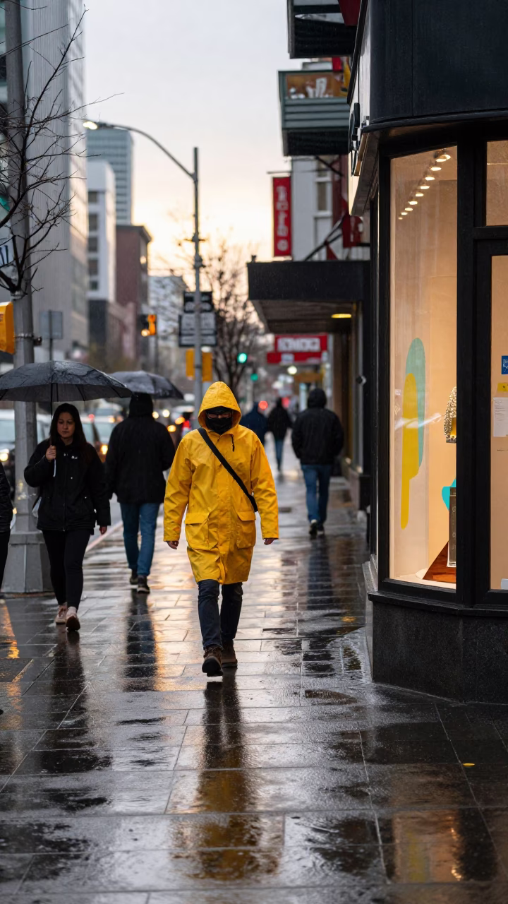 Rainy Seattle Morning Street Scene with Pedestrians and City Lights in in Seattle, Washington, United States