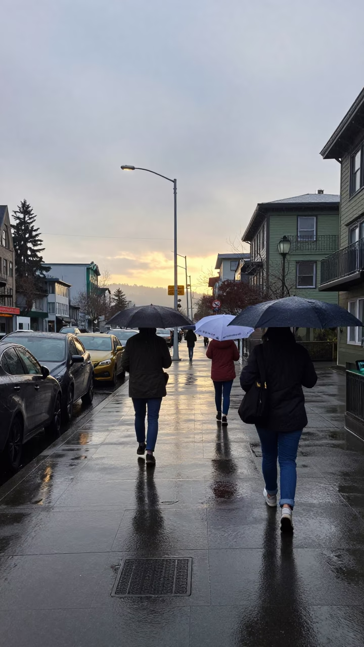 Rainy Seattle Morning Street Scene with Umbrellas and Wet Pavement Reflections in in Seattle, Washington, United States