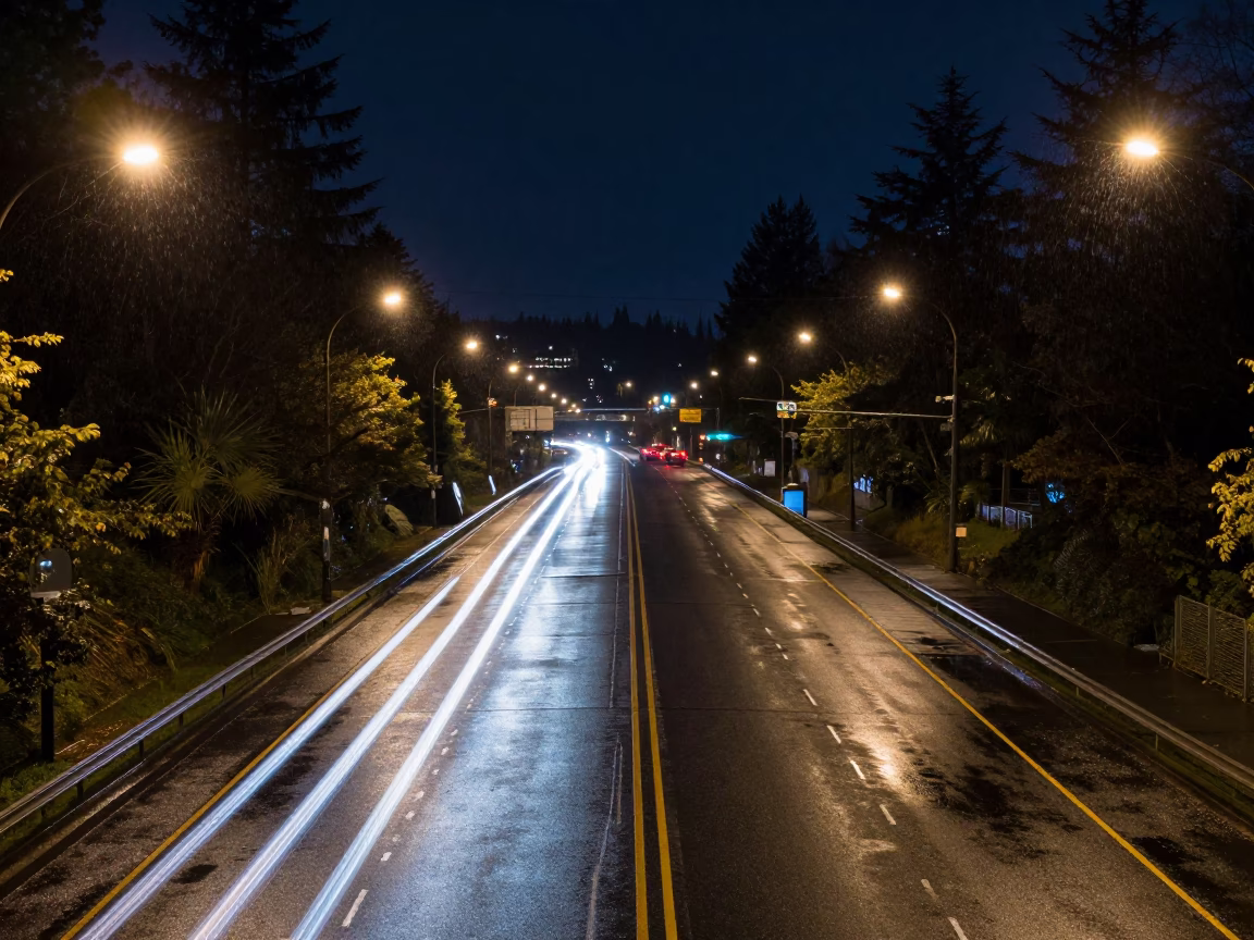 Rainy Seattle Night Highway Traffic Long Exposure Light Trails in in Seattle, Washington, United States