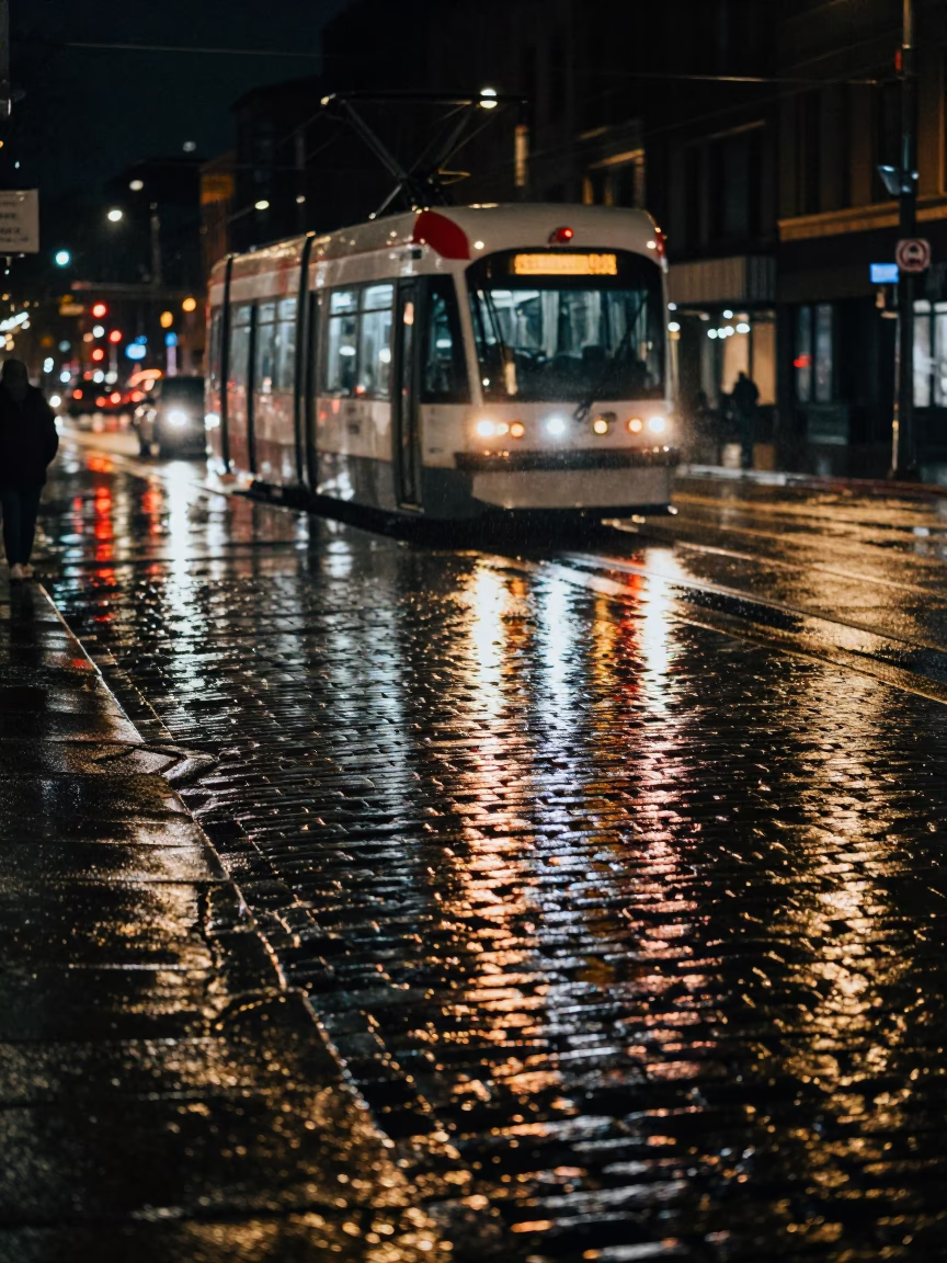 Rainy Seattle Night Street Reflections with Tramcar and Cobblestones in in Seattle, Washington, United States