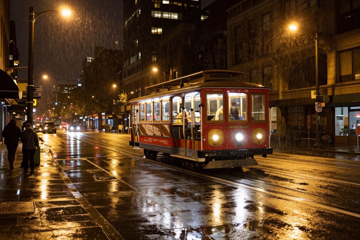 Rainy Seattle Night Street Scene with Cable Car and Urban Lights in in Seattle, Washington, United States