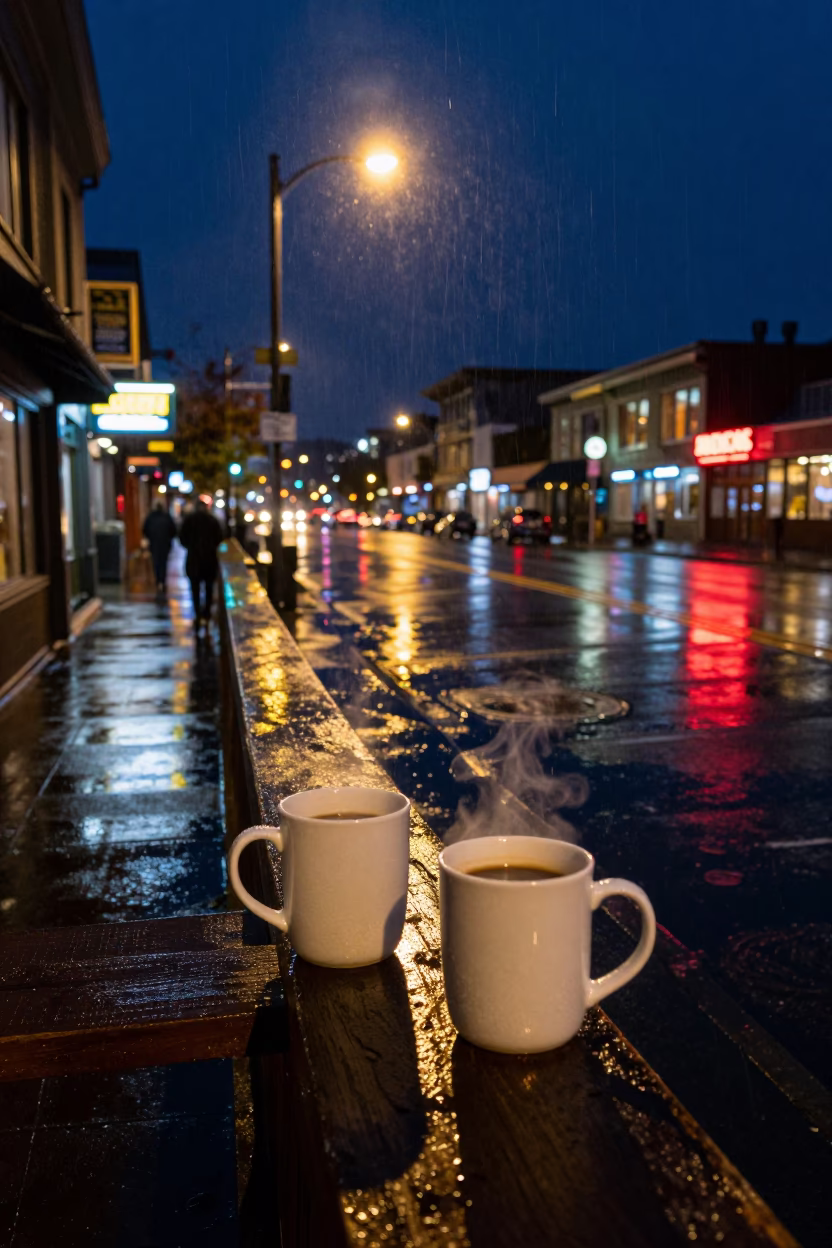 Rainy Seattle Night Street Scene with Coffee Mugs and Urban Architecture in in Seattle, Washington, United States