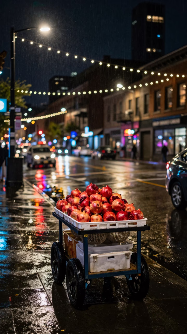 Rainy Seattle Night Street Scene with String Lights and Urban Activity in in Seattle, Washington, United States