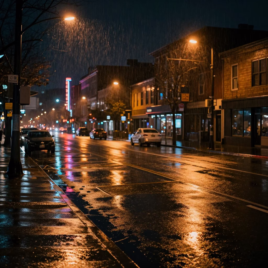 Rainy Seattle Night Street Scene with Wet Pavement and City Lights Reflections in in Seattle, Washington, United States