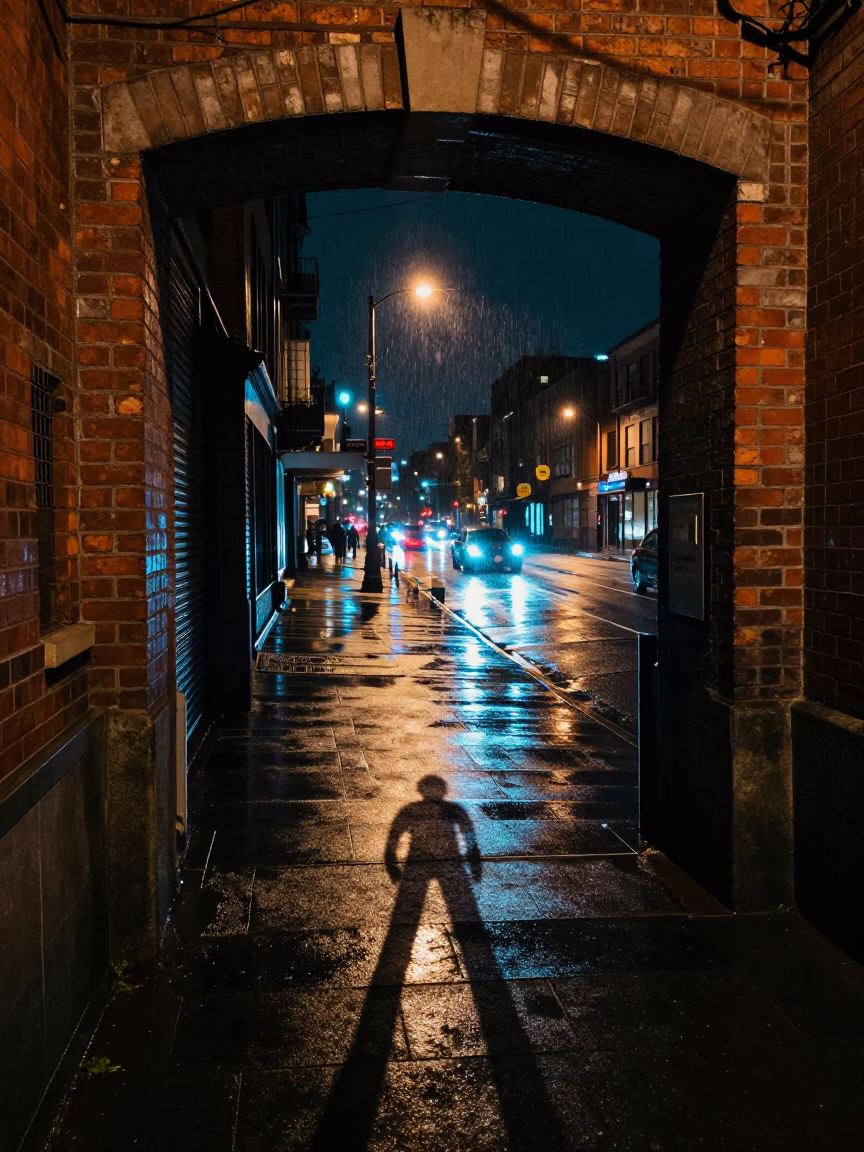 Rainy Seattle Night Street Scene with Wicker Shadow and Terracotta Pot Under Overpass in in Seattle, Washington, United States