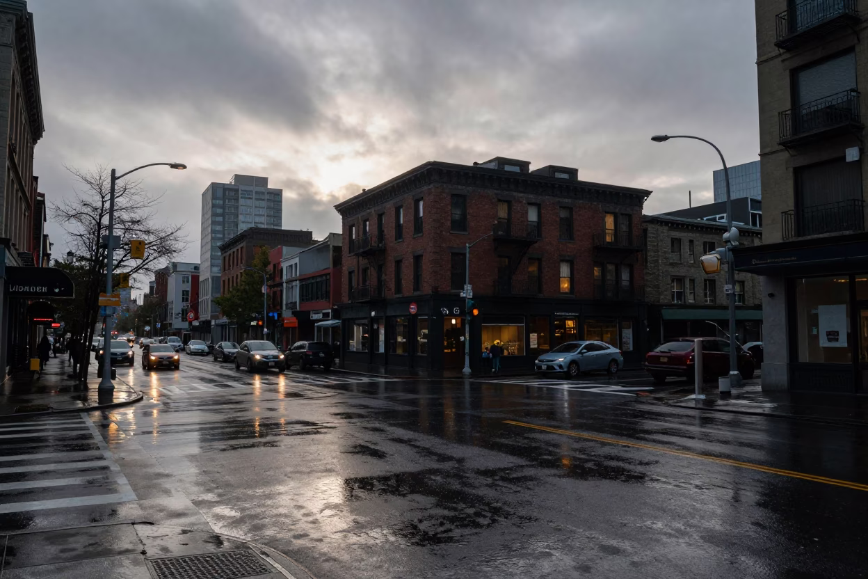 Rainy Seattle Street Corner at Dawn with Wet Asphalt and Urban Reflections in in Seattle, Washington, United States