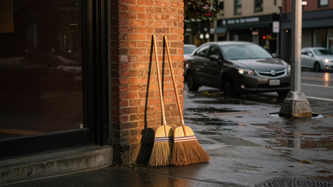 Rainy Seattle Street Corner Late Afternoon with Brooms and Urban Details in in Seattle, Washington, United States