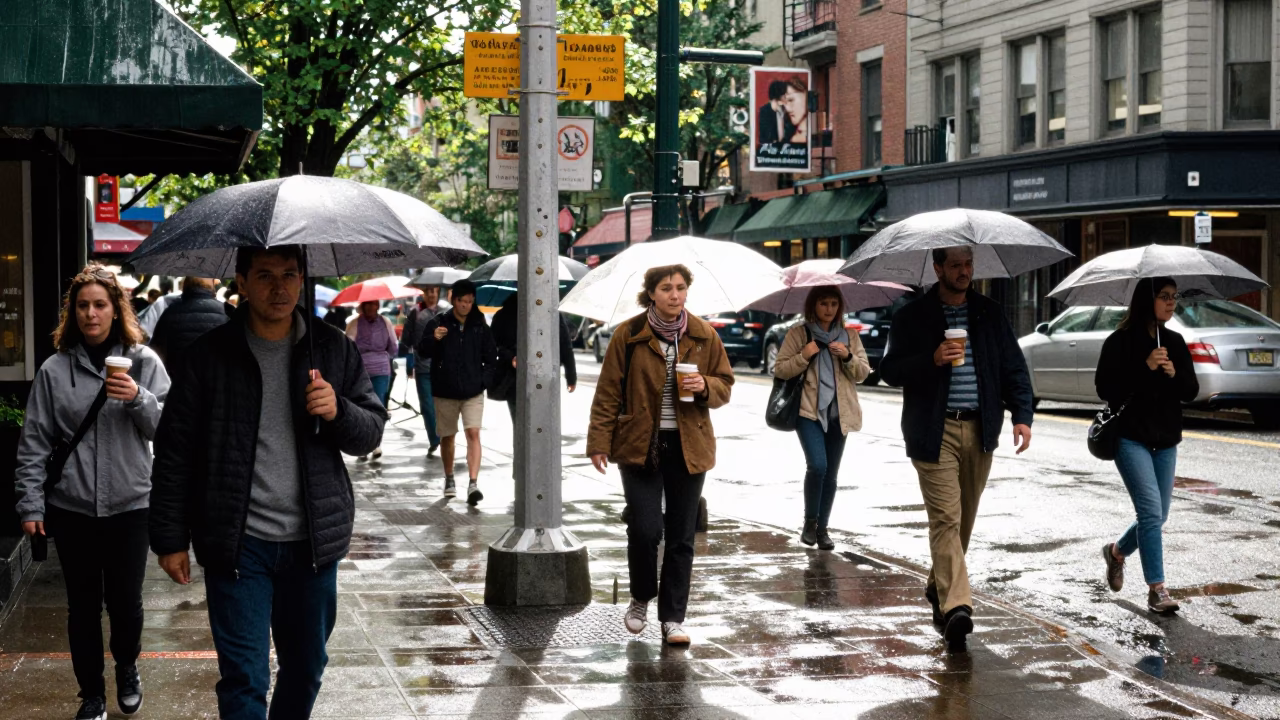 Rainy Seattle Street Corner with Umbrellas and Coffee Cup in 1990s in in Seattle, Washington, United States