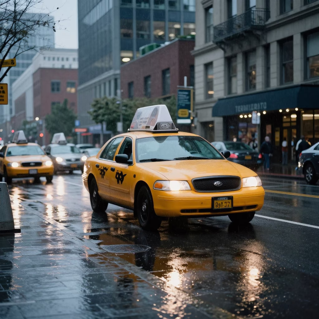 Rainy Seattle Street Corner with Yellow Taxi and Clear Glass Frame Reflection in in Seattle, Washington, United States