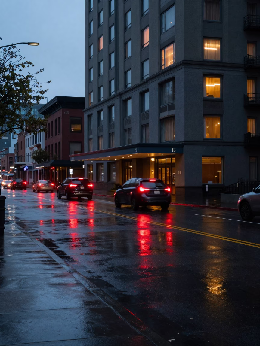 Rainy Seattle Street Reflections Before Sunrise with Hotel Windows and Tail Lights in in Seattle, Washington, United States