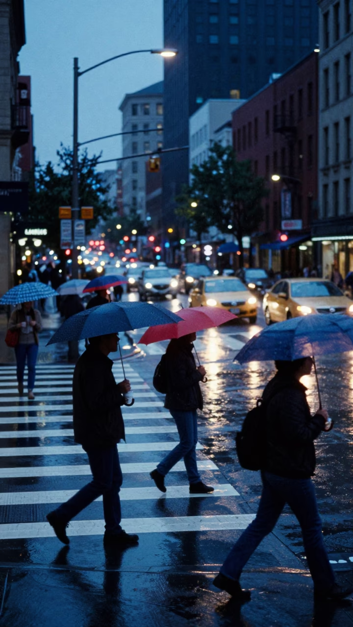 Rainy Seattle Street Scene at Blue Hour with Umbrellas and Coffee Cups in in Seattle, Washington, United States