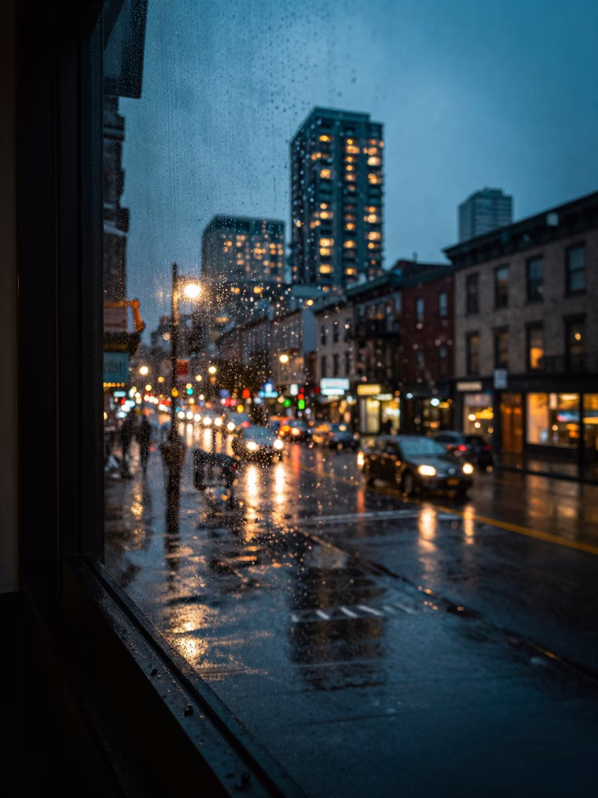 Rainy Seattle Street Scene at Dusk with Condensation on Window and Urban Life in in Seattle, Washington, United States