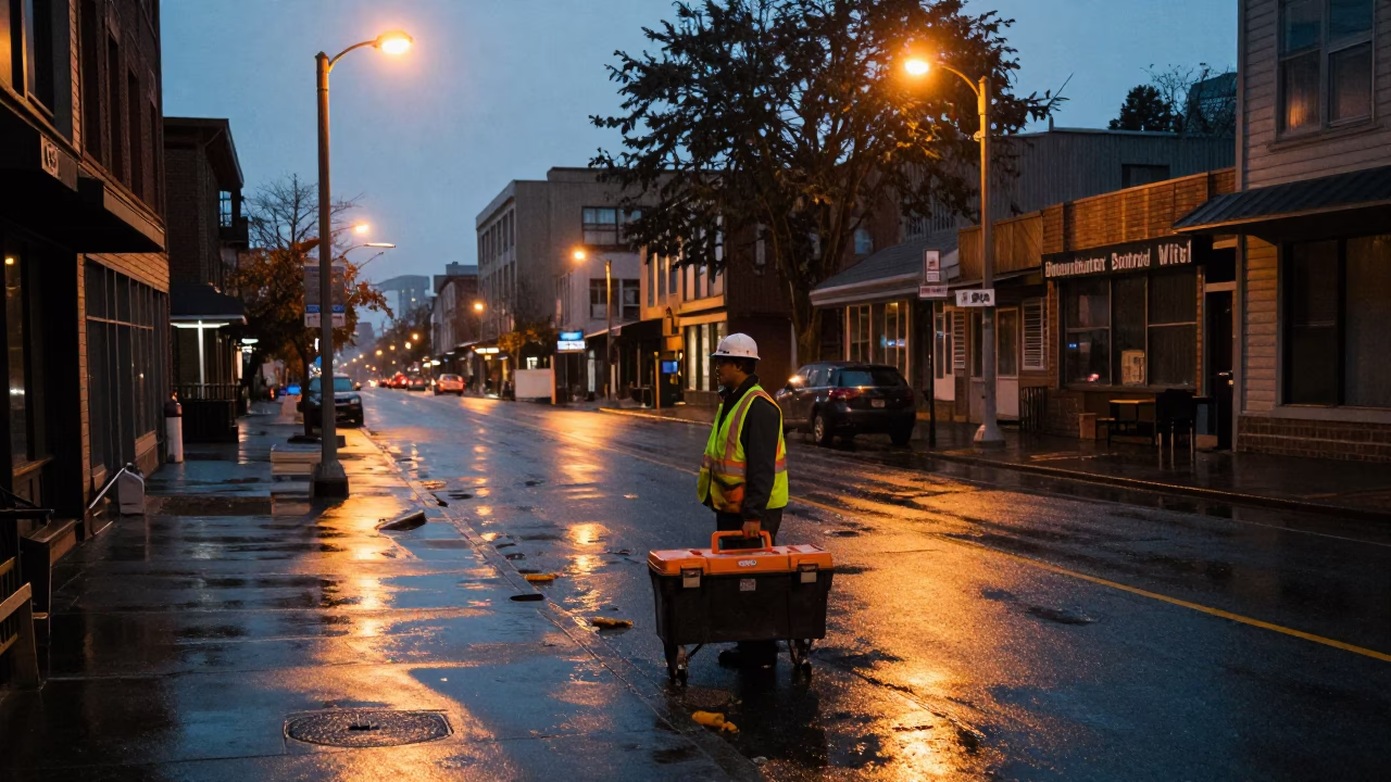 Rainy Seattle Street Scene Before Dawn with Toolbox and Urban Infrastructure in in Seattle, Washington, United States